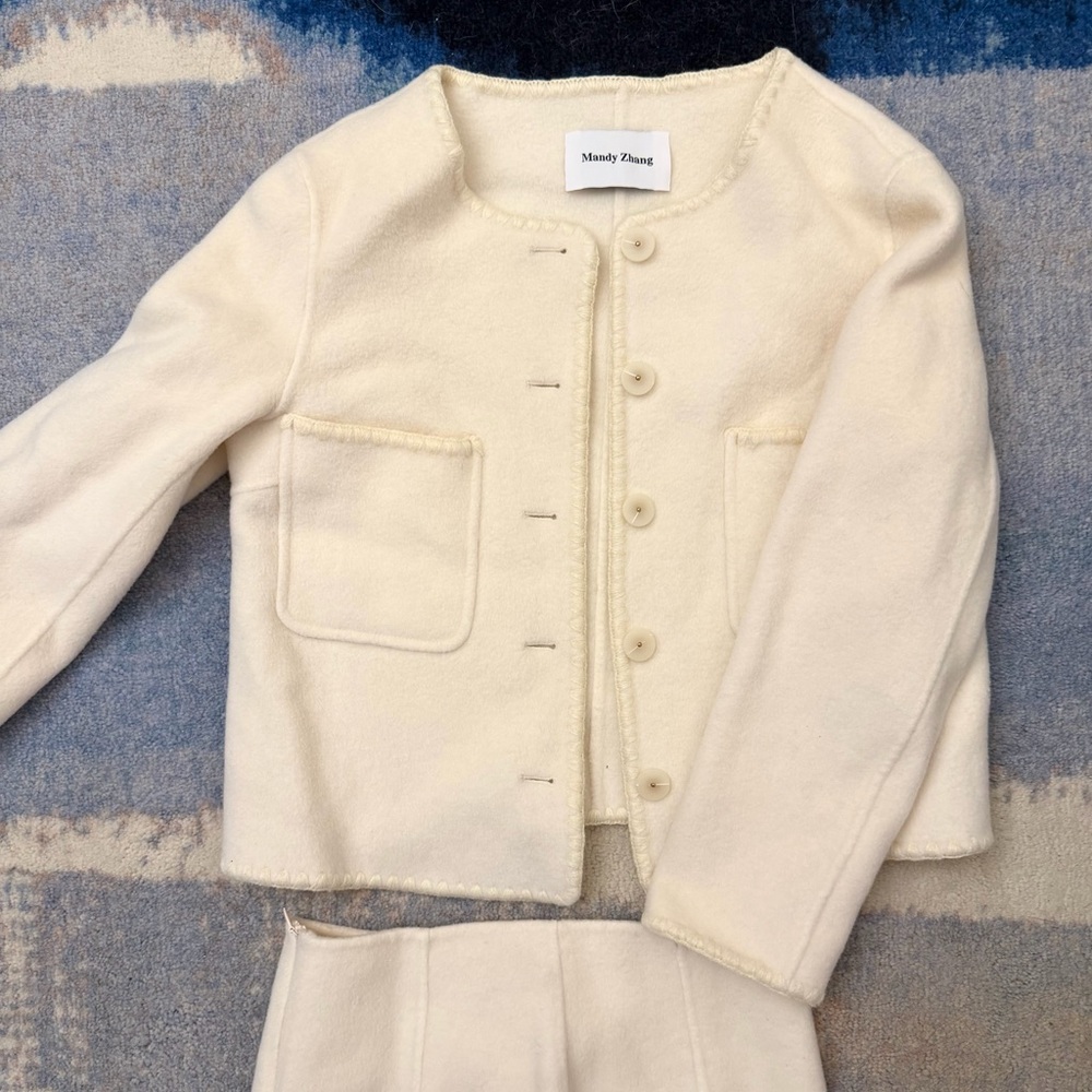 Cream Two-Piece Buttoned Skirt Suit